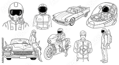Collection of retro-futuristic line art illustrations featuring astronauts, pilots, classic cars, a motorcycle, and a hovercraft.