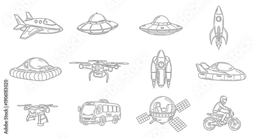 A collection of line art illustrations featuring various modes of transport and futuristic vehicles, including airplanes, UFOs, rockets, drones, hovercrafts, a bus, a satellite, and a motorcycle.