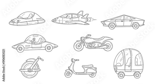 A collection of various futuristic and classic vehicles in a simple line art style, including cars, motorcycles, and unique transport designs.
