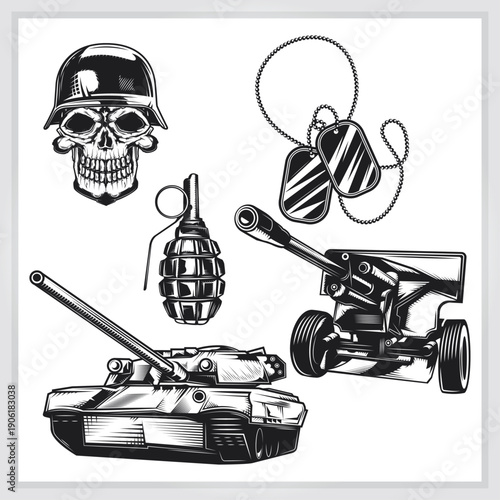 Dark illustration featuring military and war-themed icons and symbols.