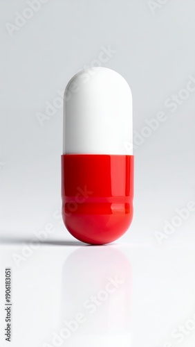Red and white capsule on a clean white background, symbolizing medicine and health.
