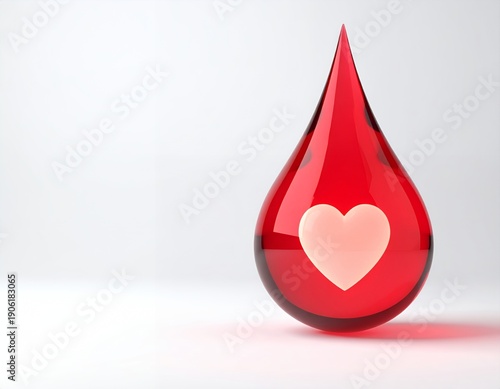 Red Blood Drop with Heart Symbol on White Background.