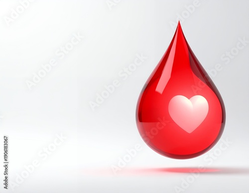 Red Blood Drop with White Heart Symbol on White Background.