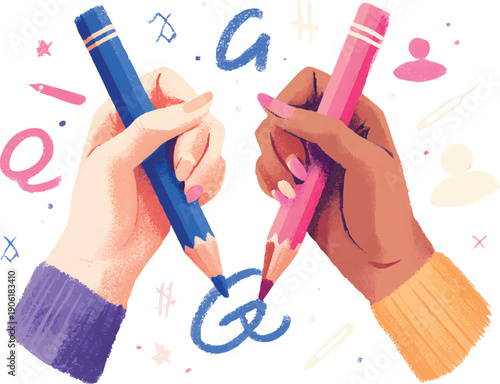 Stylized illustration of two hands writing the gender symbol, on a transparent background
