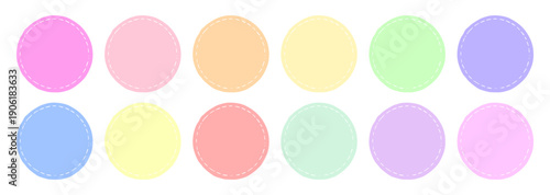 Sweet candy kawaii color palette with 12 circular swatches. Vibrant bubblegum pink, lemon, mint, and grape tones with dashed borders for confectionery branding, stickers, and digital planners.