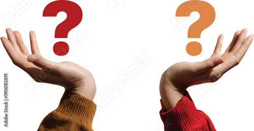 Two hands holding question mark symbols, one in blue and the other red on a white background