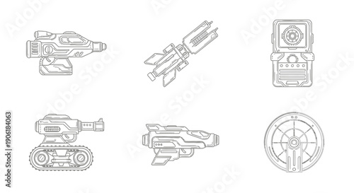 A collection of six detailed line art illustrations depicting various futuristic sci-fi weapons, vehicles, and gadgets, including a laser pistol, missile, tank, and target reticle.