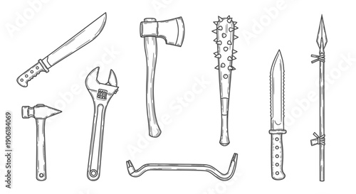 A collection of hand-drawn tools and weapons including knives, an axe, a hammer, a wrench, a spiked bat, a spear, and a pry bar.