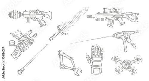 A collection of futuristic weapons, tools, and gadgets in detailed line art style, including rifles, a sword, a drone, and robotic enhancements.