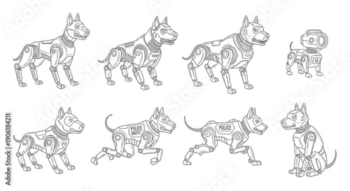 A collection of detailed line art illustrations depicting various robotic dogs in different poses, showcasing futuristic animal technology.