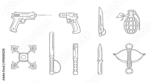 A collection of line art illustrations depicting various weapons and tactical gear, including firearms, knives, grenades, batons, a drone, and a crossbow.