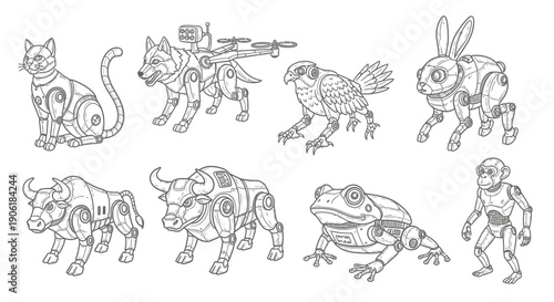 Line art illustration of various robotic animals including a cat, dog, eagle, rabbit, bulls, frog, and monkey, showcasing mechanical designs.