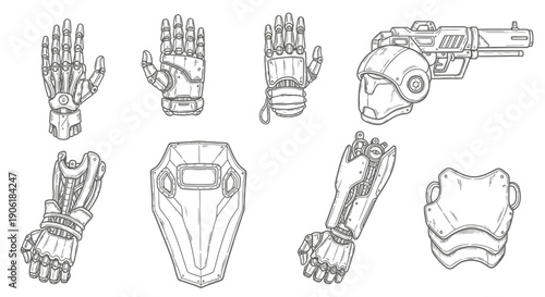 Collection of detailed line art illustrations depicting various robotic and cybernetic body parts, including hands, arms, a futuristic gun, and a shield.