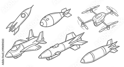 Collection of line art illustrations depicting various military and aerospace vehicles and weapons, including rockets, bombs, drones, and fighter jets.