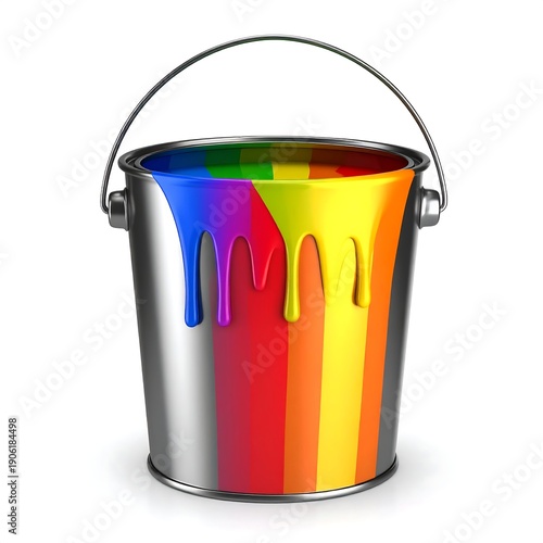 Shiny metal pail overflowing with vividly colored paint, dripping down its side