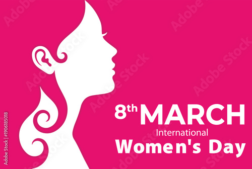 White silhouette of a confident womans profile on a vibrant pink background for International Womens Day
