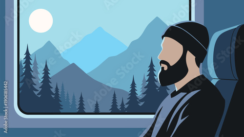 Vector illustration of a bearded man traveling by train, looking out the window at a peaceful mountain landscape with pine trees.