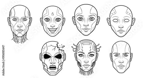 Collection of eight detailed line art illustrations depicting various robotic and android faces with different expressions and mechanical features, showcasing futuristic design.