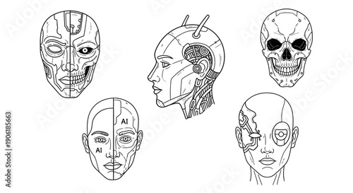 Collection of detailed line art illustrations depicting human skulls, cyborg heads, and artificial intelligence concepts, blending organic and mechanical elements.