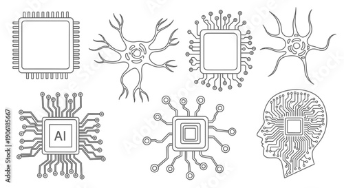 Line art illustrations depicting microchips, AI processors, and neural networks, symbolizing artificial intelligence and brain-computer interfaces.