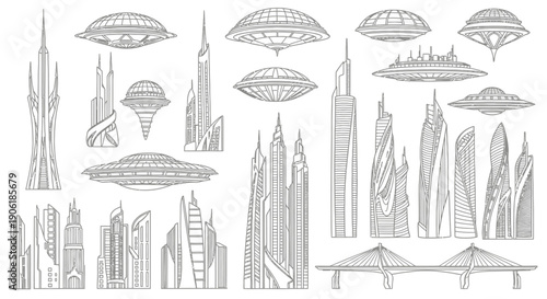Detailed line art illustration of futuristic city architecture, including modern skyscrapers, alien spacecraft, and advanced bridges, depicting a sci-fi urban landscape.