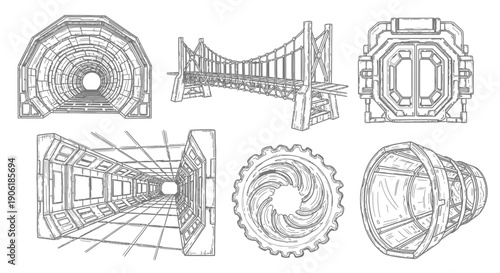 Collection of hand-drawn line art sketches depicting various architectural and structural elements including tunnels, a suspension bridge, and futuristic corridors.