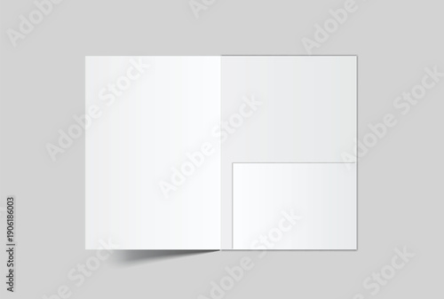 A4 Size paper folder mockup with bi fold design and pocket on isolated on background.Blank folded paper, open leaflet template for print layout, brochure, presentation document, flyer, catalogue, ads