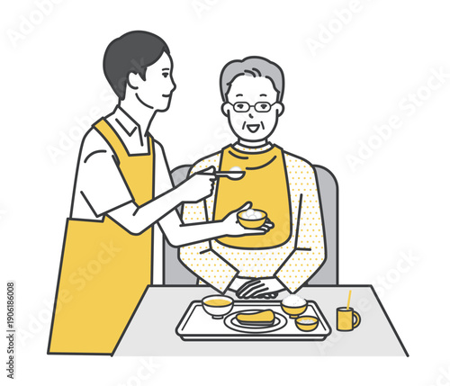 高齢者の食事介助をする介護士のイラストベクター素材