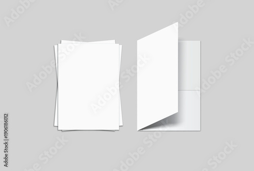 A4 Size paper folder mockup bi fold design and paper with pocket on isolated on background.Blank folded paper, open leaflet template for print layout, brochure, presentation document, flyer, catalogue