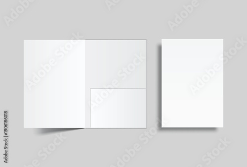 A4 Size paper folder mockup bi fold design and paper with pocket on isolated on background.Blank folded paper, open leaflet template for print layout, brochure, presentation document, flyer, catalogue