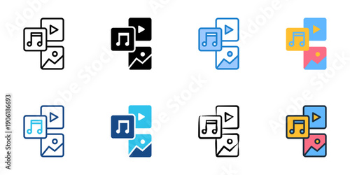 Multimedia icons set multiple style collection. Editable stroke 
