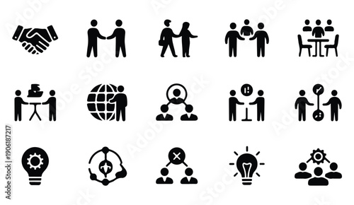Teamwork and collaboration icons showing people interacting and sharing creative light bulbs