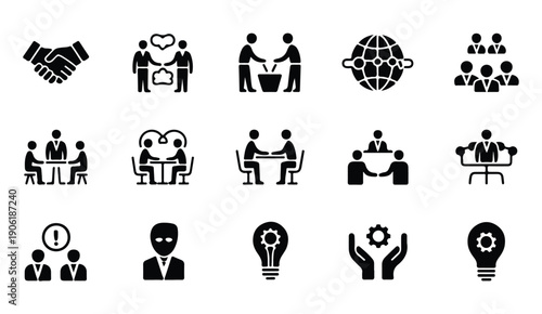 Collaboration symbols set with people sitting at tables and sharing bright innovative ideas