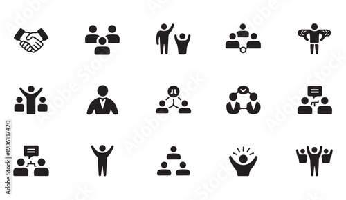 Set of people and teamwork icons, symbolizing leadership, community, success, and collaboration