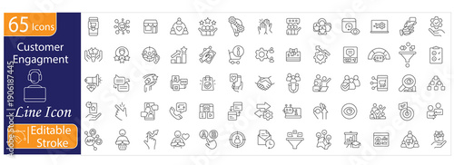 Customer engagement icons set, client interaction, user experience, loyalty program, feedback, communication, relationship management, marketing strategy, editable stroke vector Illustration