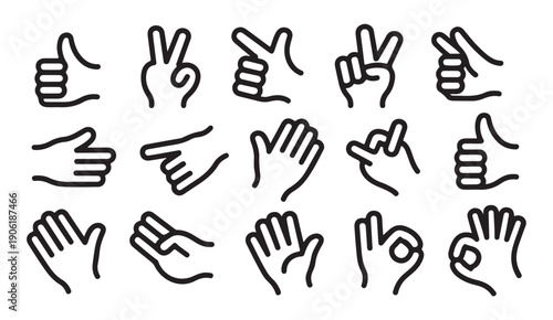 Set of hand gesture icons showing different actions and communication signs