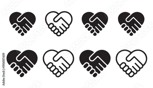 Handshake heart icon collection illustrating social agreement and volunteer work silhouettes