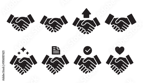 Professional handshake icons pack with various status symbols for business deal verification