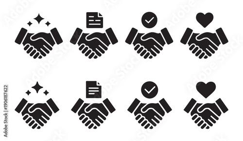 Handshake status icons set for project completion quality assurance and legal documentation