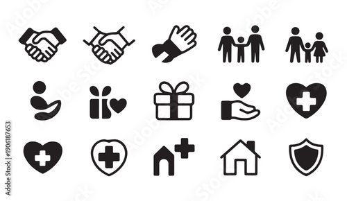 Charity and support service icon set for community help volunteer organization and donation