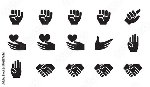 Human hands gestures collection featuring solidarity fist and partnership handshake symbols