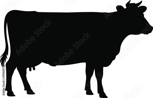 Black cow silhouette vector illustration, isolated dairy cattle profile, farm livestock outline graphic, rural agriculture symbol, editable bovine icon design