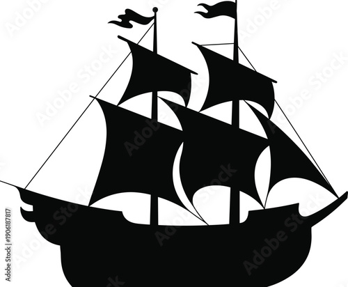Classic pirate sailing ship silhouette vector illustration, vintage wooden boat with multiple sails, maritime nautical transport icon isolated on white background