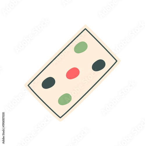 Flat chinese mahjong tile design. Mahjong game piece with colorful dots and simple layout. Puzzle element for boardgame or table play, perfect for hobby activities, classic style entertainment, ideal