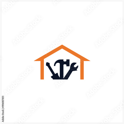 Abstract house symbol with essential maintenance and construction tools, representing home repair and handyman service concept