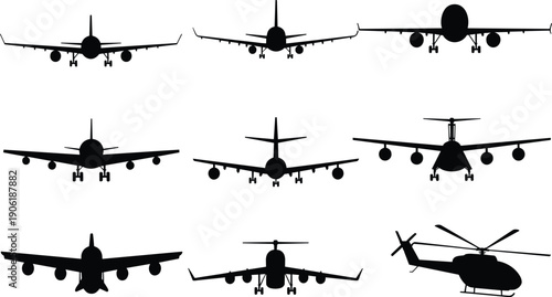Collection of airplane and helicopter silhouettes, front view aircraft icons, commercial passenger planes, aviation transport vector set isolated on white background