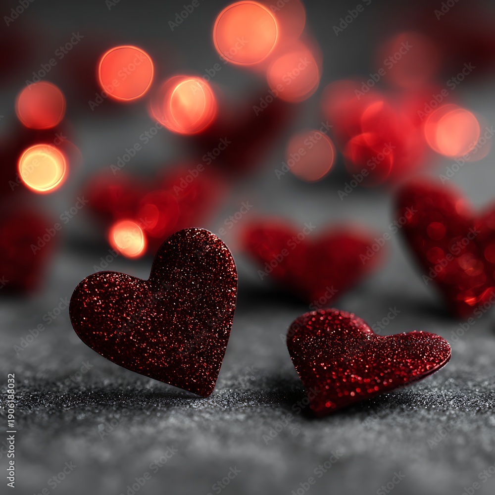 Obraz premium A romantic arrangement of red glitter hearts on a gray surface with bokeh lights in the background.