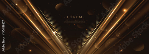 Abstract lighting diagonal effect neon gold light ray on on dark brown background. Template premium award ceremony design.