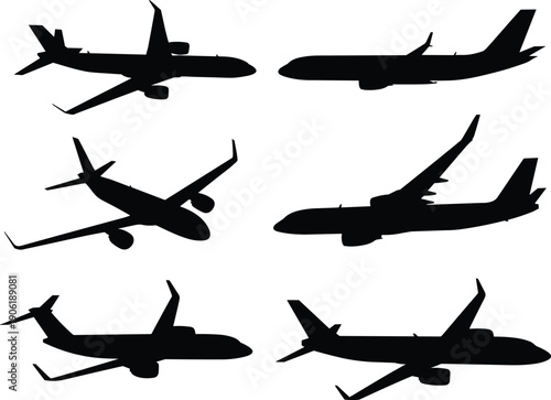 Collection of airplane silhouettes side view vector illustration, commercial passenger aircraft icons, aviation transport set isolated on white background