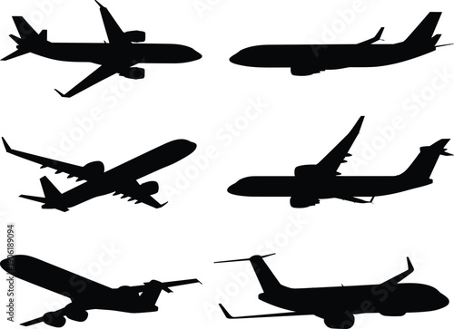 Collection of airplane silhouettes side view vector illustration, different commercial and passenger aircraft icons, aviation transport set isolated on white background